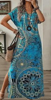 Vintage Floral Print V-Neck Batwing Sleeve Casual Dress Maxi Dresses Long Dress