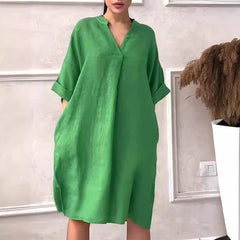 Cotton Linen V-neck Loose Plus Size Dress