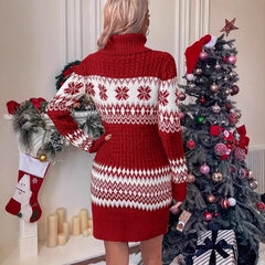 Knitted Red And White High-neck Color-block Sweater Dress