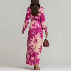 Chiffon Long-sleeve V-neck Lace-up Dress