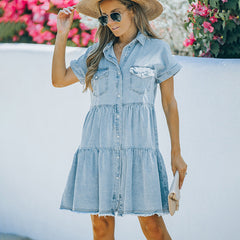 Washed Denim Dress Loose Single-breasted Casual Dress