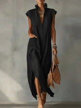 Cotton-Linen Sleeveless Solid-Color Dress