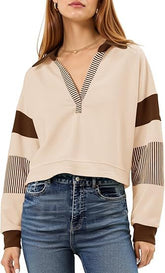 Fisoew Long Sleeve Crop Tops Polo V Neck Color Block Casual Loose Pullover Cropped Sweatshirt