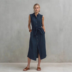 Casual Cotton-Linen Bag-Style Solid-Colored Sleeveless Dress