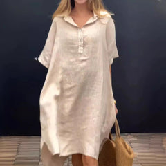 Solid-color Casual Cotton-linen Long Dress With A Turn-down Collar And Buttons
