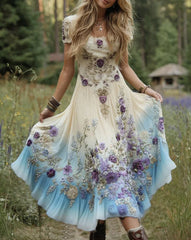 Gradient Lavender Floral Print Linen Maxi Dress