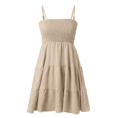 Spaghetti Strap Sleeveless Smocked A-Line Swing Mini Dress, Elegant Casual Dress