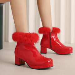 Womens Short Boots For Fall Patent Leather Chunky Heel