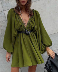 V-Neck Lantern Sleeve Dress �Loose Fit Long Sleeve Casual Dress