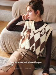 Knitted Vest Rhombus V-neck Bandage Dress Sweater