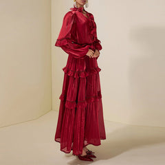 Ruffled Panel Long-Sleeve Elegant Chiffon Dress