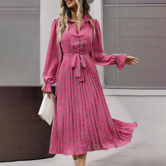 Long Sleeve V Neck Button Down Belted A-Line Flowy Midi Shirt Dress
