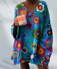 Elegant Digital Printing Casual Loose Sweater Dress