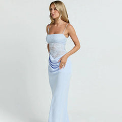 Chic Strapless Lace-Patchwork Evening Gown Long Street-Style Slim-Fit Slip Dress With Open Back