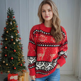 Christmas Casual Red Deer Jacquard Long-sleeved Round Neck Sweater