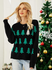 Jacquard Christmas Tree Long Sleeve Red Christmas Sweater