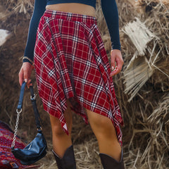 Irregular Hem Black And Red Plaid Punk Style Skirt