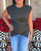 Casual Asymmetrical Criss Cross Back Tie Top For Knitted Round Neck Drop Shoulder Sleeve T-Shirt
