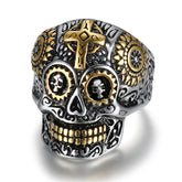 Cross-Motif Metal Sugar-Skull Design Ring
