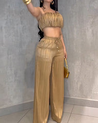 Shinny Bandeau Wide-Leg Slim Fit 2-Piece Set
