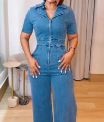 Casual Short Sleeve Loose Straight Leg Demin Jumpsuits with Pockets