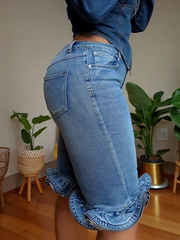 High Waisted Wave Ruffle Hem Slim Denim Shorts