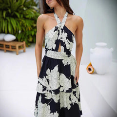 Print Cake Dress Lace-up Long Dress