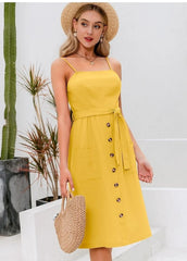 solid color button cotton strap bow A-line dress