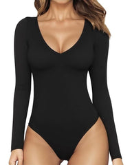 V-Neck Long Sleeve Form-Fitting Basic Bodysuit