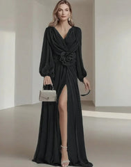 Flower Pleated Chiffon Wedding Dress Long Buff Sleeve Flowy V-neck Maxi Dress