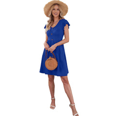 V-neck Solid Color Defined Waist Ruffle Sleeve Womens Mid-length Dress