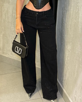 Diamond-Studded Straight-Leg Jeans Denim