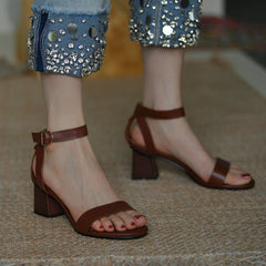 Brown Retro Thick Heel Sandals Women