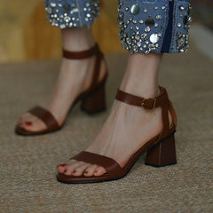 Brown Retro Thick Heel Sandals Women