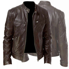 Men's Zip-up Cardigan PU Leather Jacket Pockets Stand Collar Short Tops Clothing