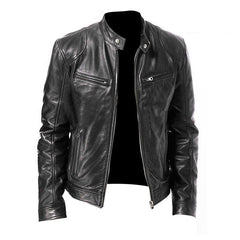 Men's Zip-up Cardigan PU Leather Jacket Pockets Stand Collar Short Tops Clothing