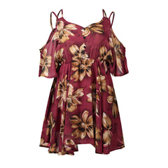 Plus Size Printed Chiffon Dress �V-Neck Off-Shoulder Spaghetti Strap Loose Fit