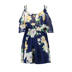 Plus Size Printed Chiffon Dress �V-Neck Off-Shoulder Spaghetti Strap Loose Fit