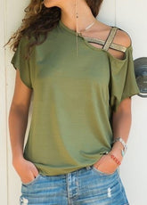 Skew Neck T-Shirt Irregular Criss Cross Short Sleeves Off Shoulder Solid Tops Blusa Femme One Shoulder Shirt