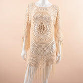 CUPSHE White Crochet Bikini Cover Up with Fringe Trim Hollow Tunic Beach Dress Bathing Suit Beachwear