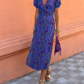 V-neck Short-sleeved Dress Flowers Printed Slim Beach Dresses For Clothing