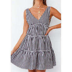 Deep V Backless Sleeveless Plaid Dress �& Stylish