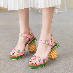 Fish Mouth Sandals Color Matching Printed Leather Super High Heels Pineapple Sandals Women
