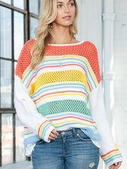 Leisure Idle Style Colorized Sweater Mixed Color Stripe Pullover Women