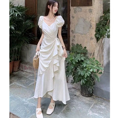 White V Neck Lace Up Short Sleeve Dress