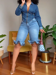 High Waisted Wave Ruffle Hem Slim Denim Shorts