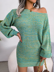 Casual Off-Shoulder Colorful Lantern Sleeve Knit Sweater Dress