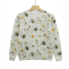 Knitted Sweater Sweater Round Neck Printed Bee Flower Top