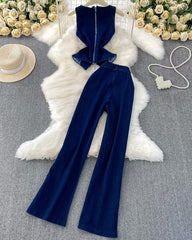 Metal Button Round Neck Sleeveless Denim Vest Wide-Leg Pants Set