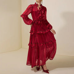 Ruffled Panel Long-Sleeve Elegant Chiffon Dress